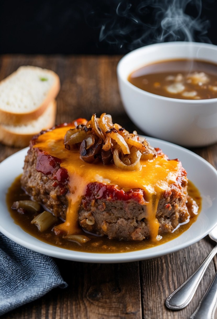 A steaming meatloaf topped with caramelized onions and melted cheese, surrounded by a bowl of French onion soup