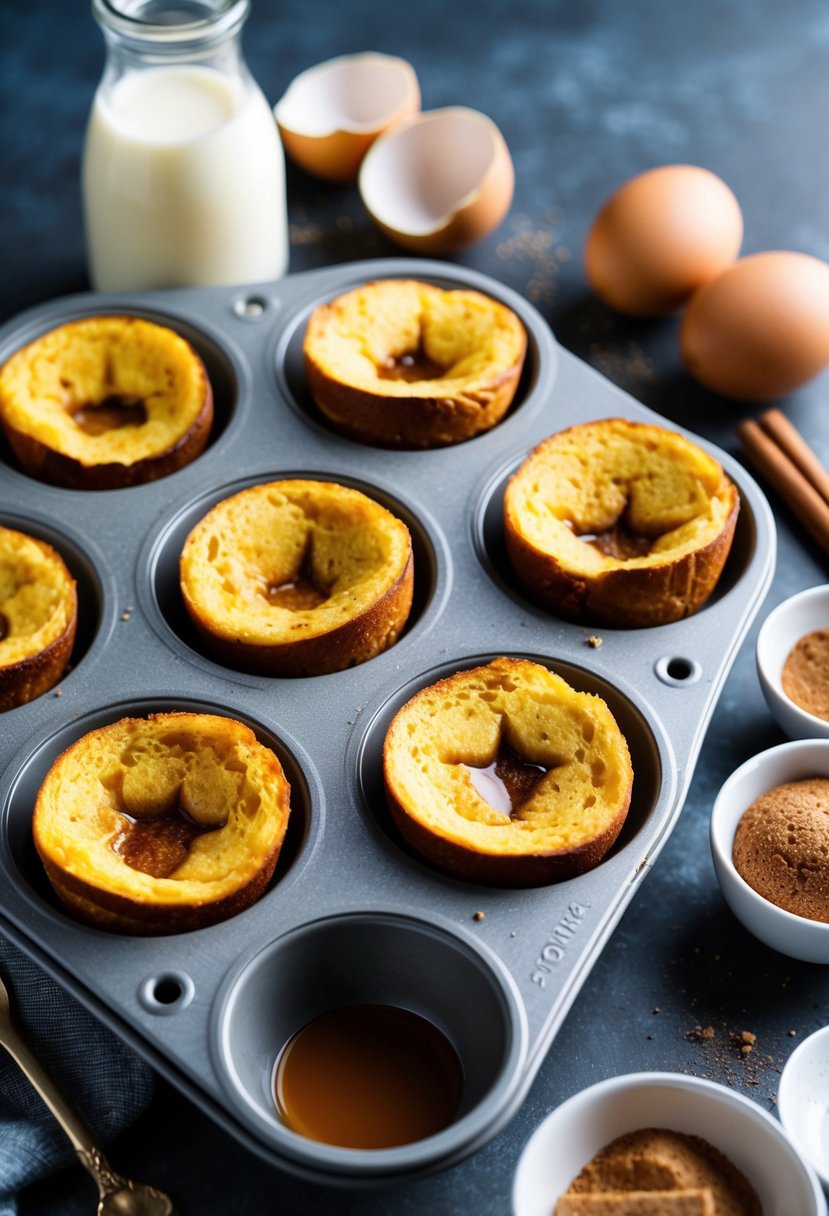 A muffin tin filled with French Toast Muffins, surrounded by ingredients like eggs, milk, cinnamon, and maple syrup