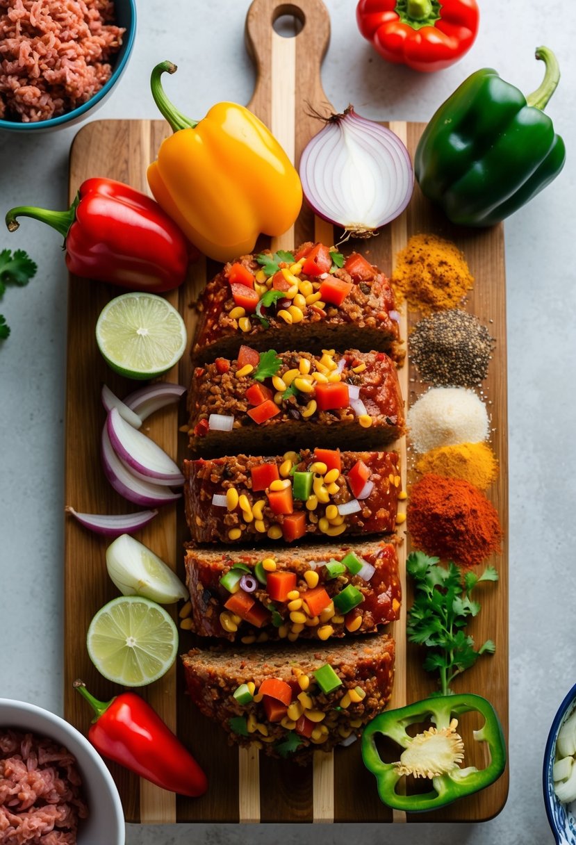 A colorful spread of Mexican taco meatloaf ingredients on a wooden cutting board. Onions, peppers, ground beef, and spices are artfully arranged