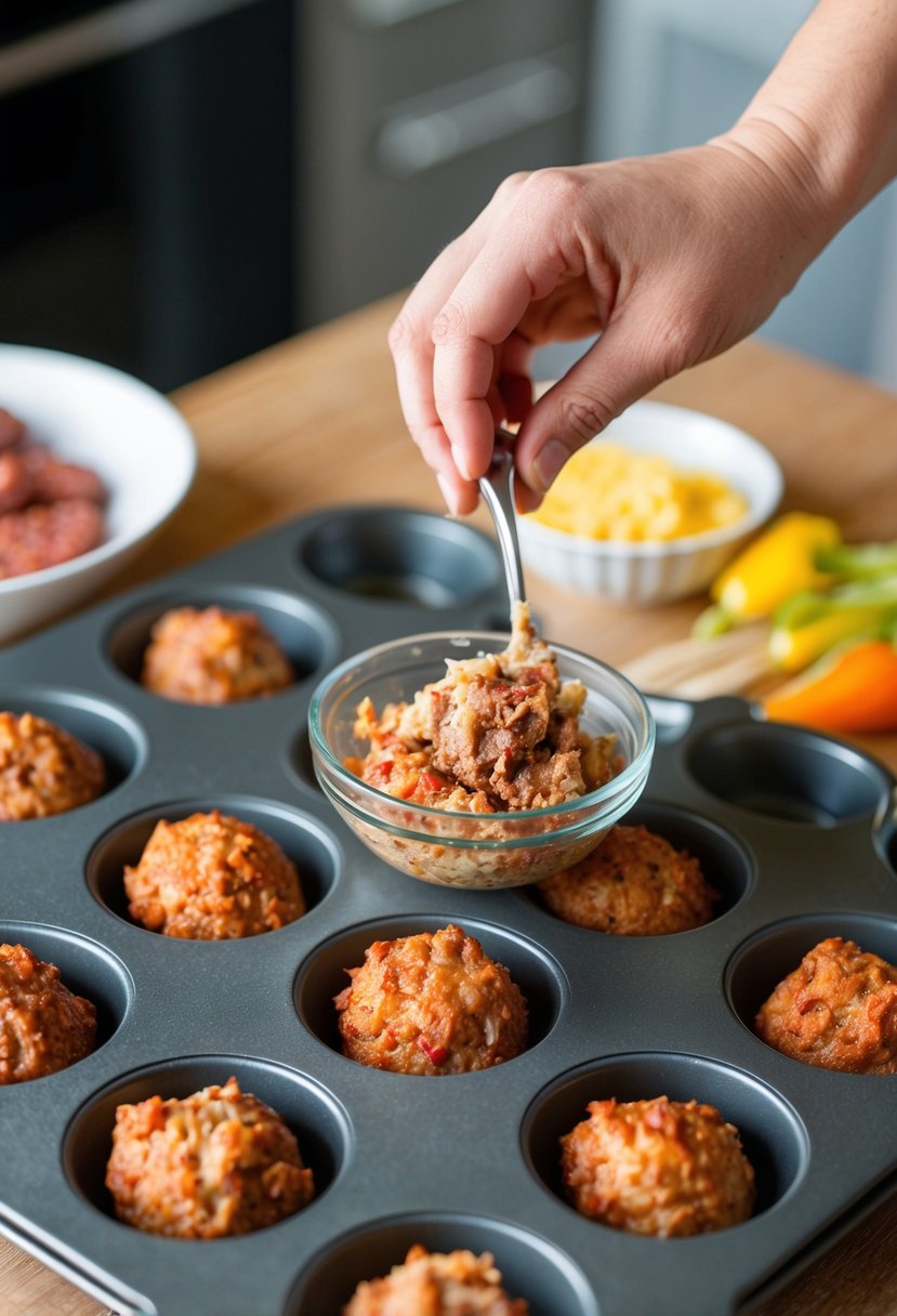 Mini meatloaf bites being mixed in a bowl, then scooped into a muffin tin and baked in the oven