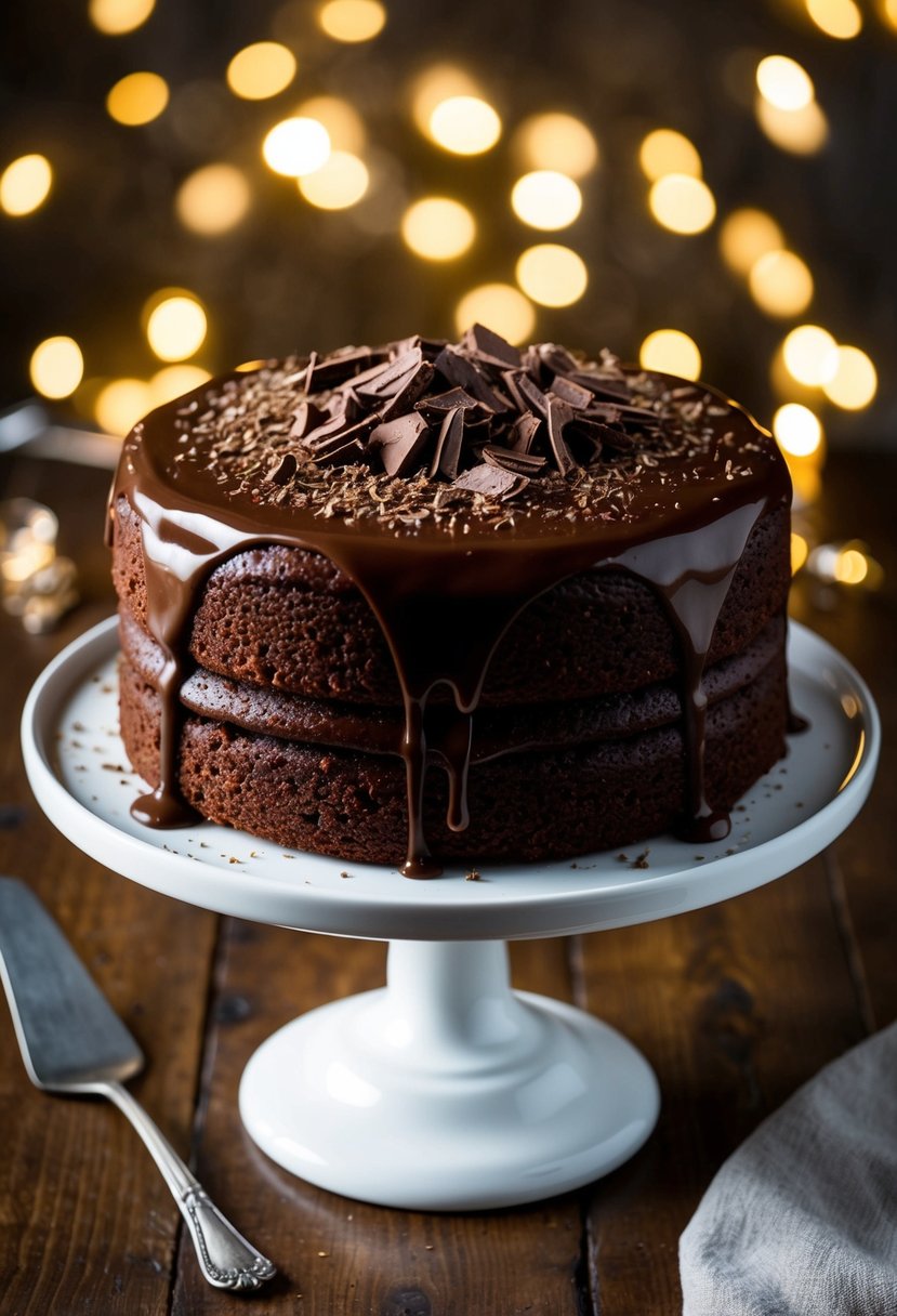 A decadent chocolate rum cake topped with a glossy glaze and sprinkled with chocolate shavings sits on a white cake stand