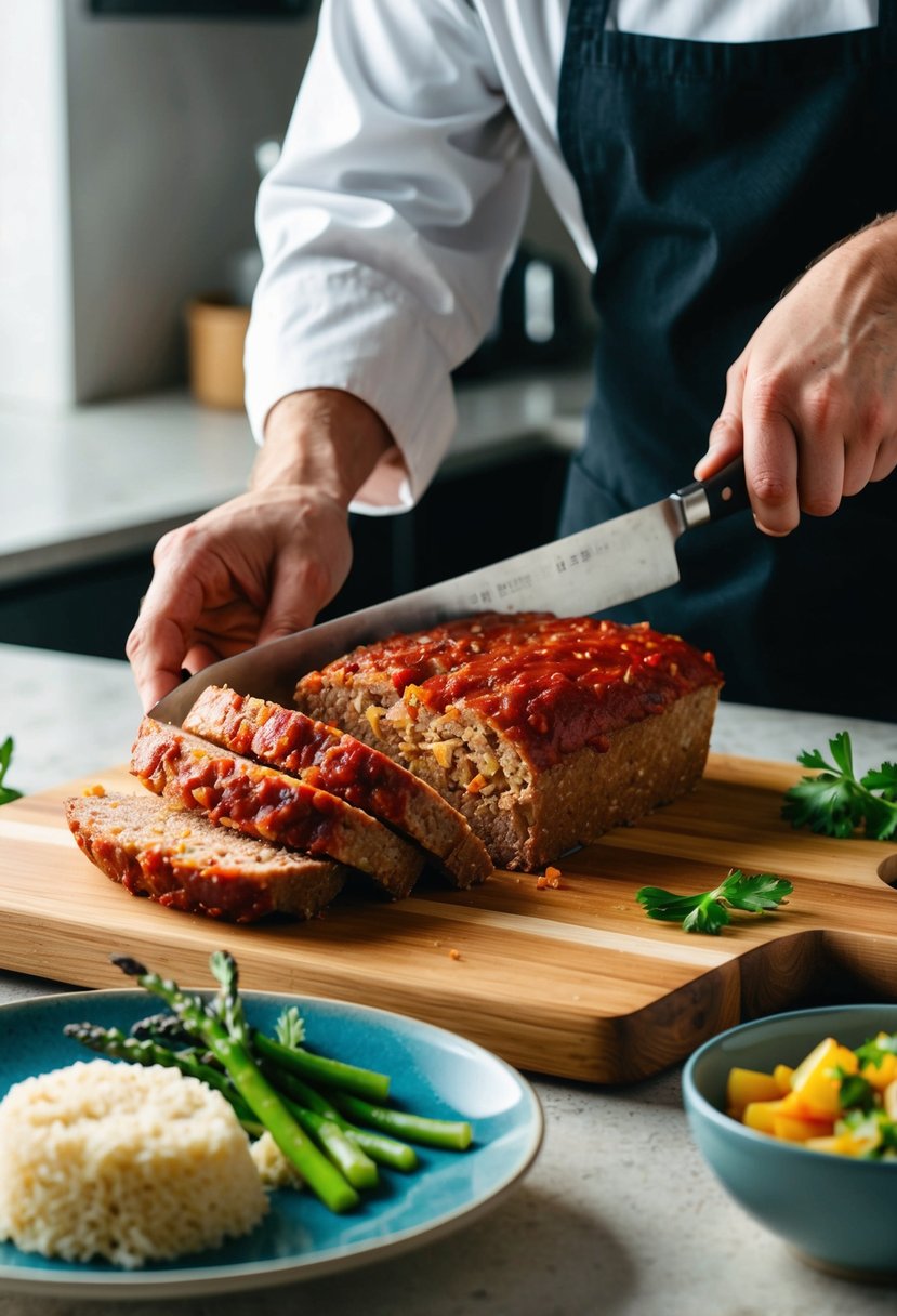 A chef slicing a gluten-free meatloaf on a wooden cutting board, with a side of rice and vegetables on a plate