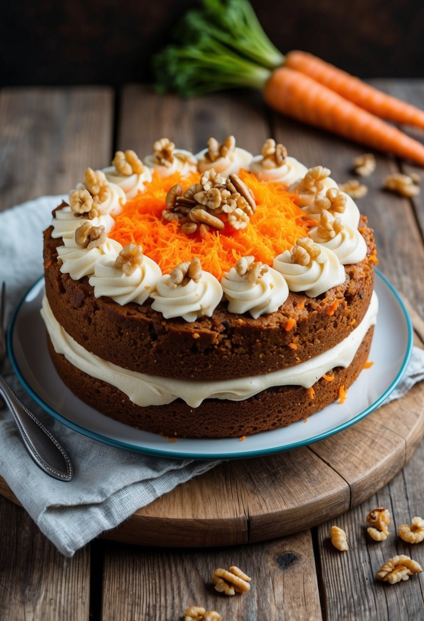 A fluffy carrot cake sits on a rustic wooden table, topped with cream cheese frosting and sprinkled with chopped walnuts and grated carrots