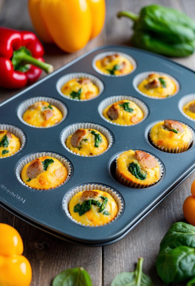 A muffin tin filled with egg muffins and sausage, fresh from the oven, surrounded by colorful ingredients like peppers and spinach