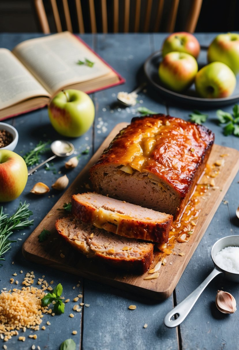 A rustic kitchen table set with a freshly baked pork and apple meatloaf, surrounded by scattered ingredients and a vintage recipe book