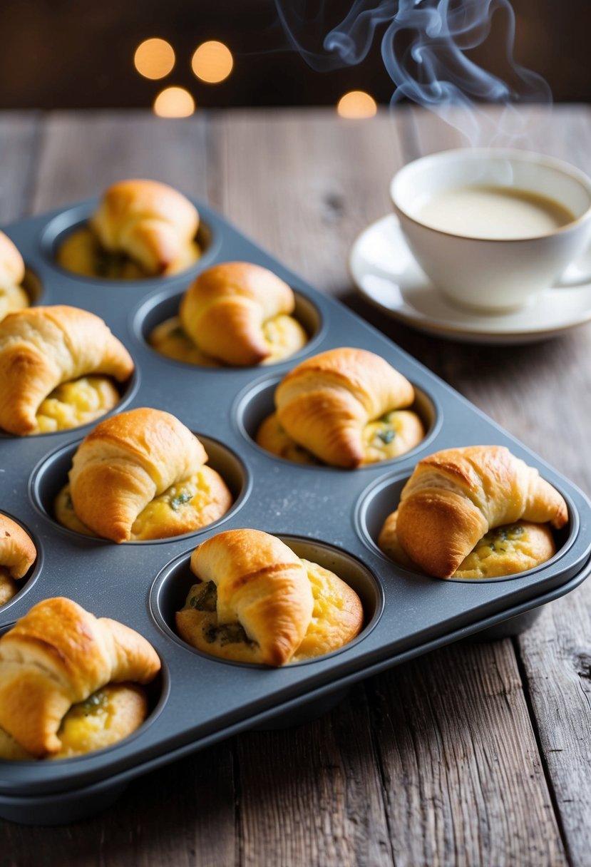 A muffin tin filled with freshly baked Crescent Breakfast Bites, steaming and golden brown, sitting on a rustic wooden table