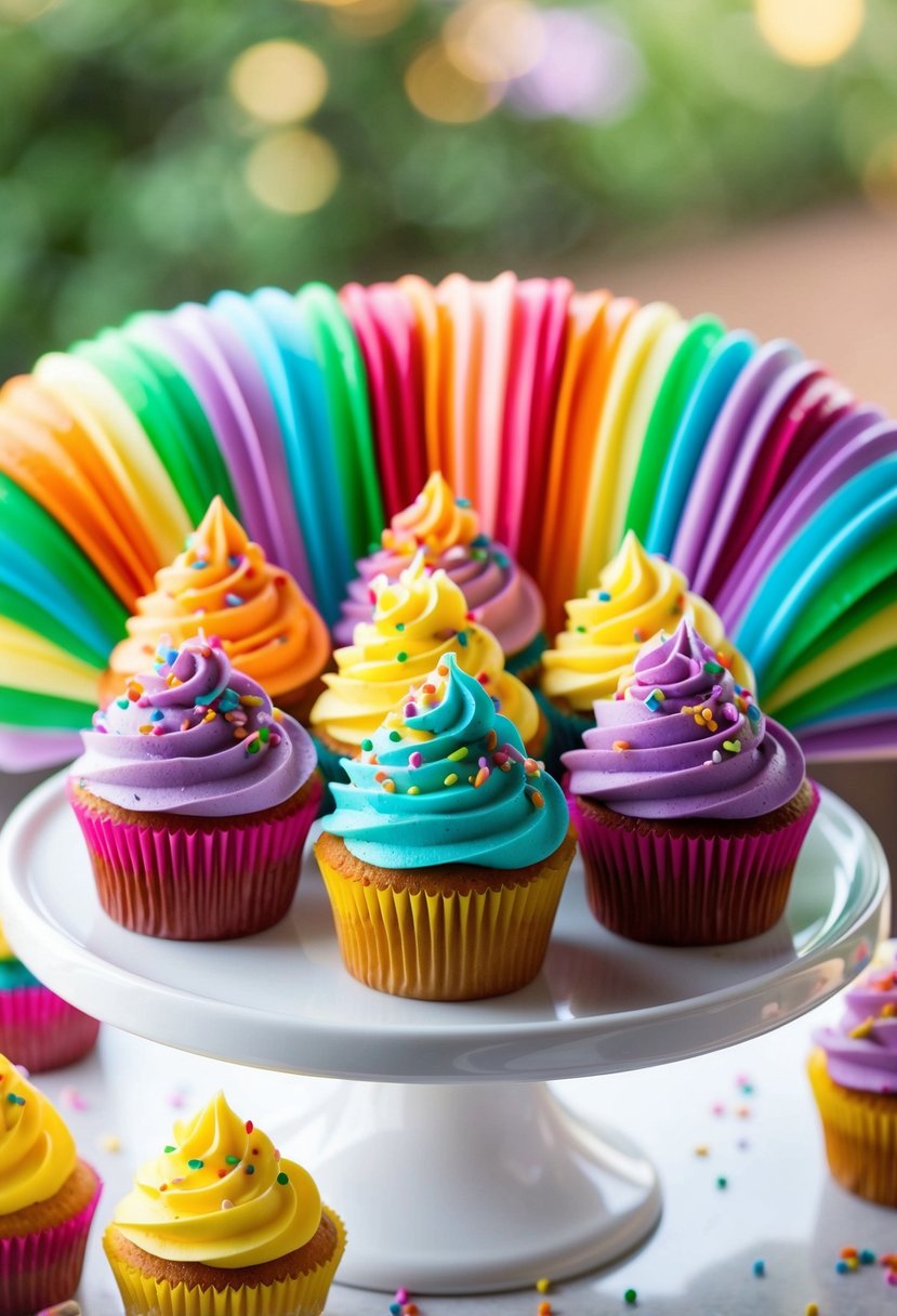 A colorful display of double rainbow cupcakes arranged on a white serving platter with vibrant frosting and sprinkles