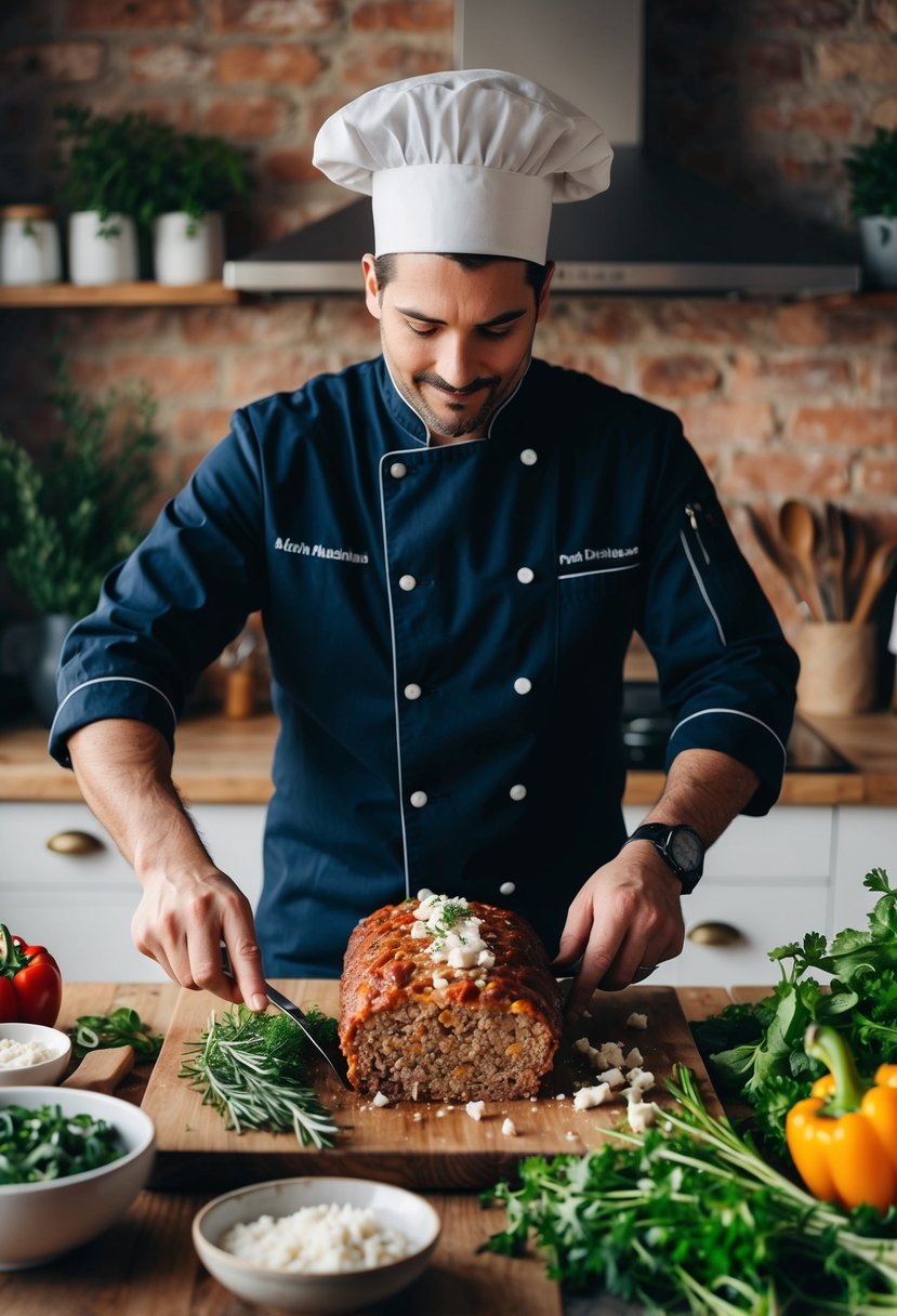 A rustic kitchen with a chef preparing a Mediterranean meatloaf, surrounded by fresh herbs, vegetables, and a crumbled feta cheese