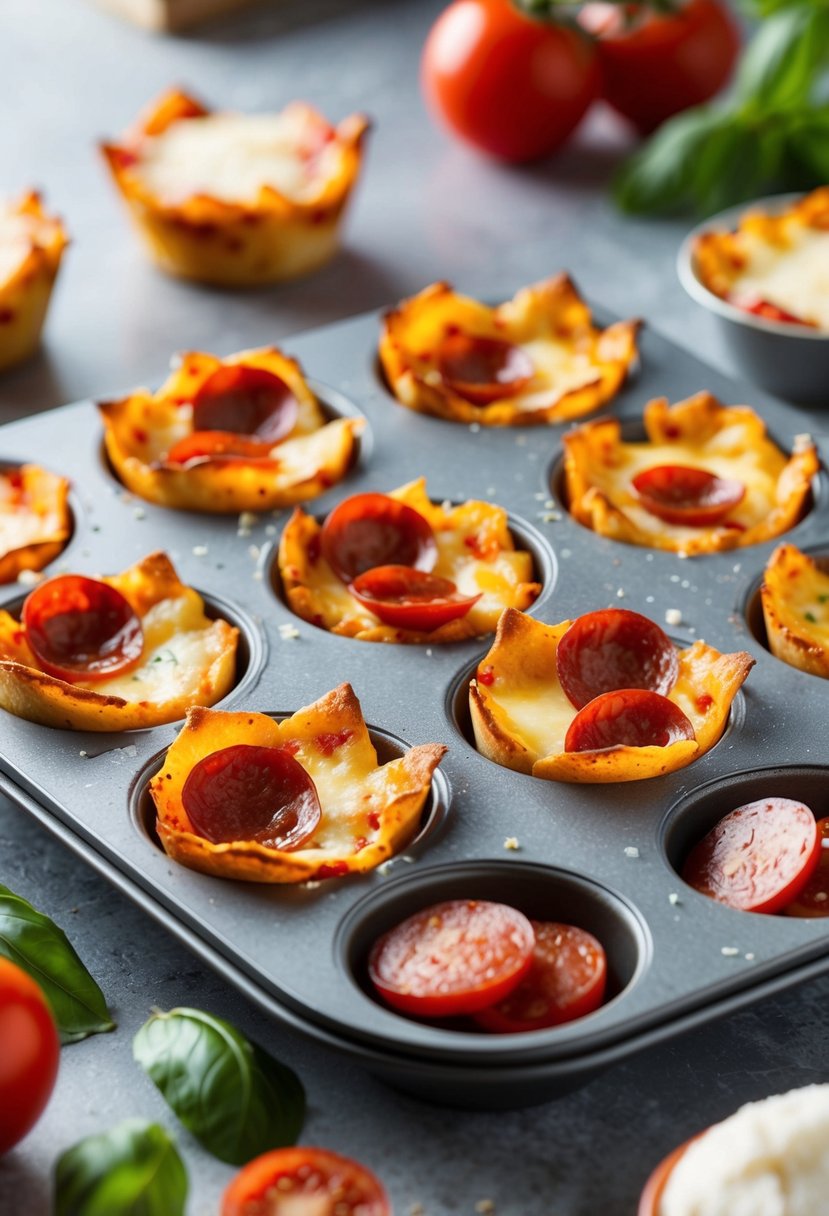 A muffin tin filled with mini pizza cups, topped with melted cheese and pepperoni, surrounded by fresh ingredients like tomatoes and basil