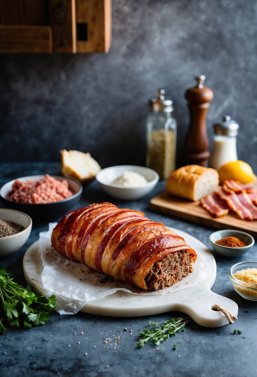 A rustic kitchen counter with a freshly baked bacon-wrapped meatloaf, surrounded by ingredients like ground beef, bacon, and seasonings