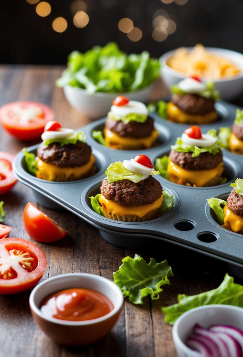 A muffin tin filled with mini cheeseburger bites, surrounded by condiments and garnished with lettuce and tomato slices