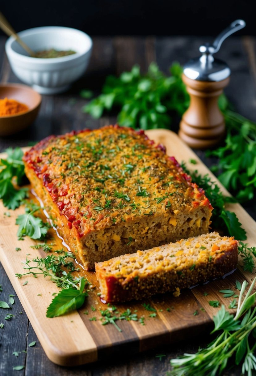 A golden-brown herb-crusted meatloaf sits on a rustic wooden cutting board, surrounded by fresh herbs and spices