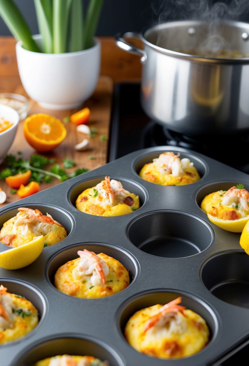 A muffin tin filled with crab boil frittatas, surrounded by scattered ingredients and a steaming pot on a stovetop