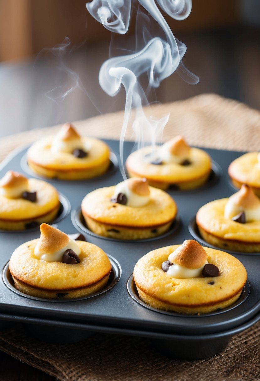 A muffin tin filled with mini chocolate chip pancake poppers, fresh from the oven, with steam rising