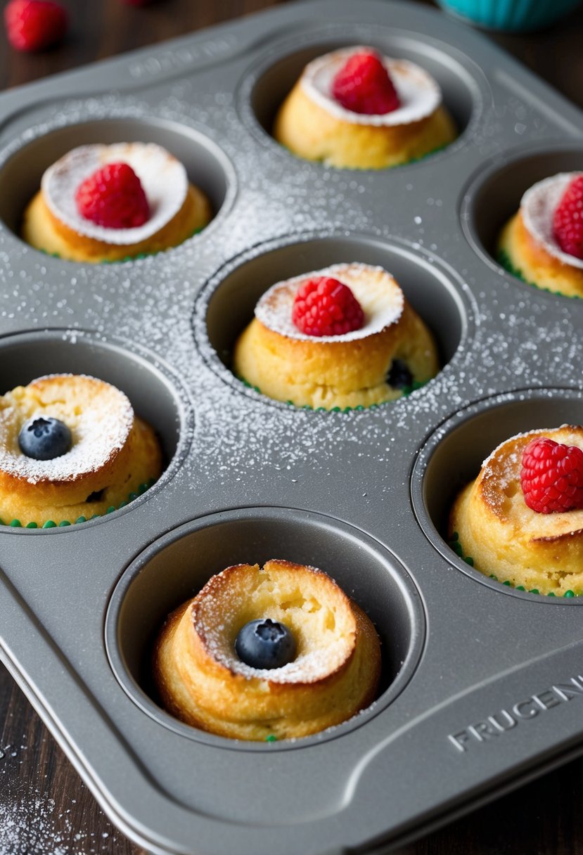 A muffin tin filled with freshly baked French Toast Muffins, golden brown and topped with powdered sugar and fresh berries