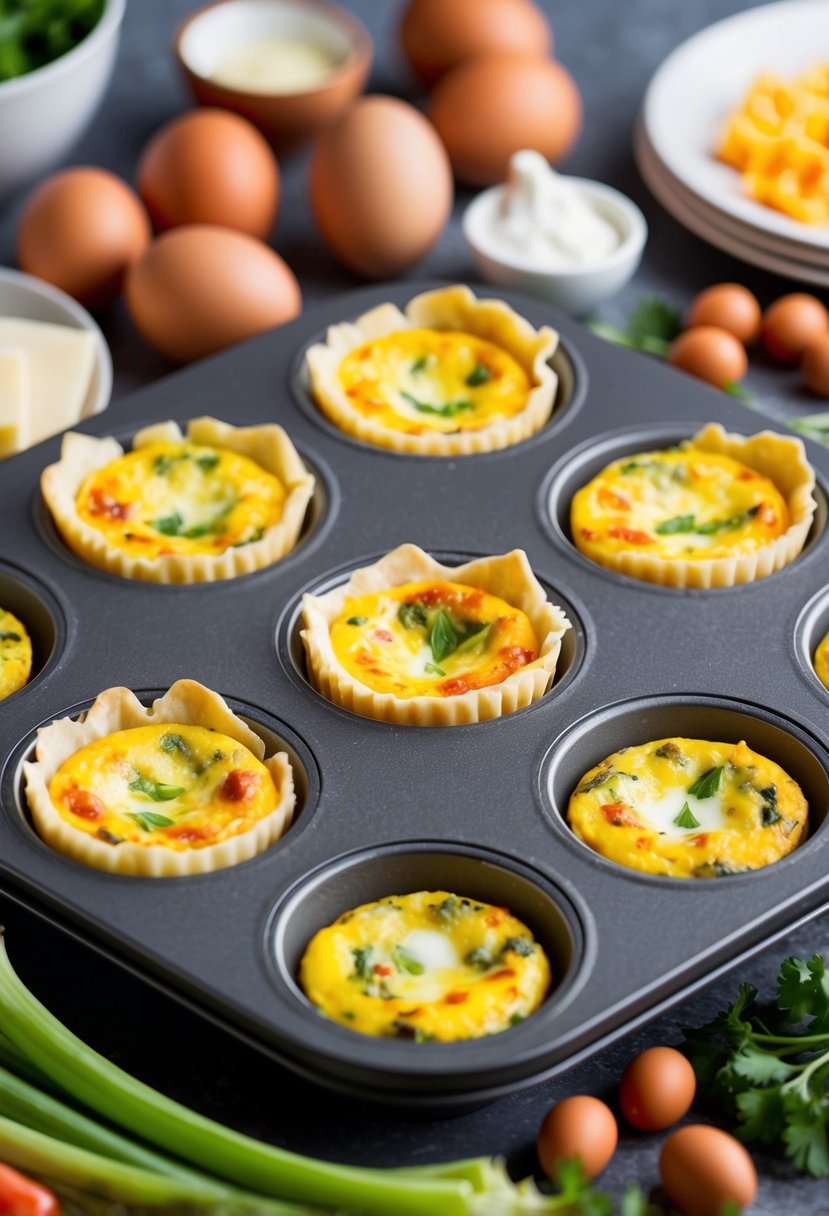 A muffin tin filled with mini quiches, surrounded by fresh ingredients like eggs, cheese, and vegetables, ready to be baked