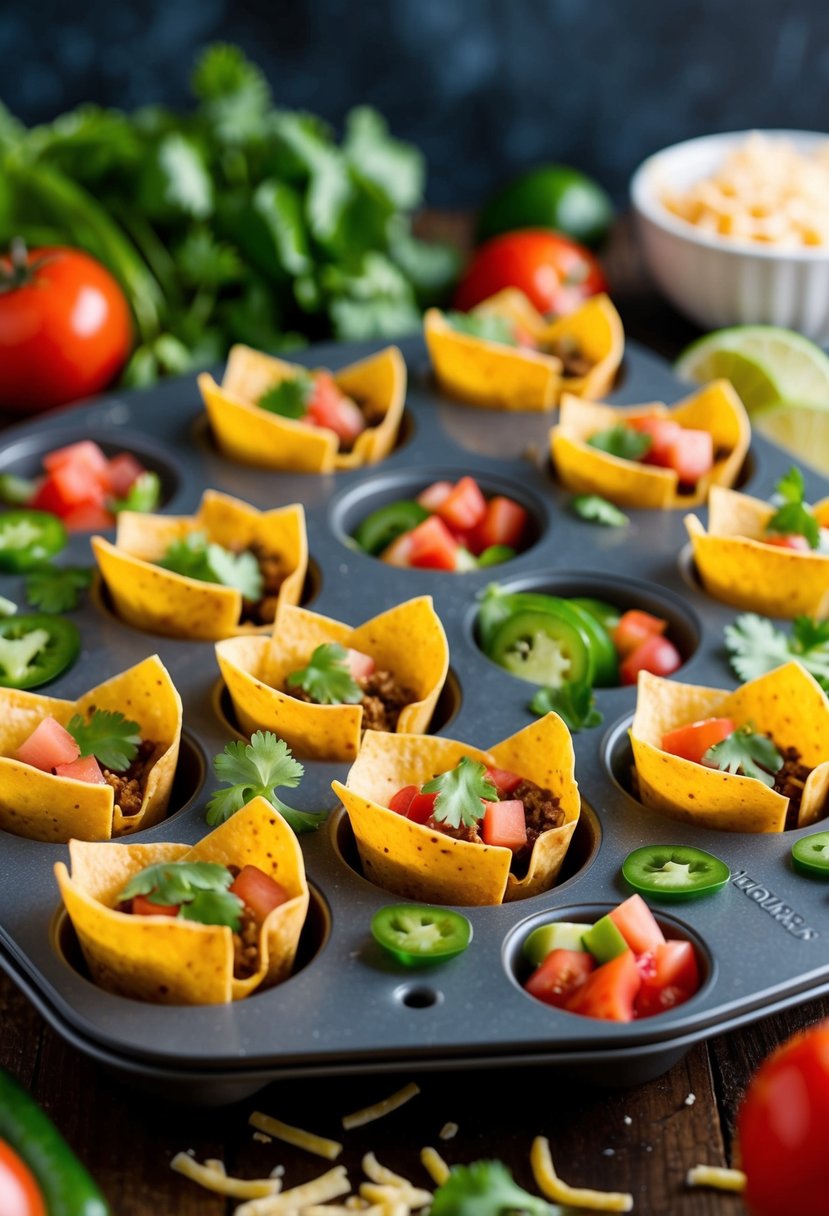 A muffin tin filled with taco cups, surrounded by colorful ingredients like diced tomatoes, shredded cheese, and chopped cilantro