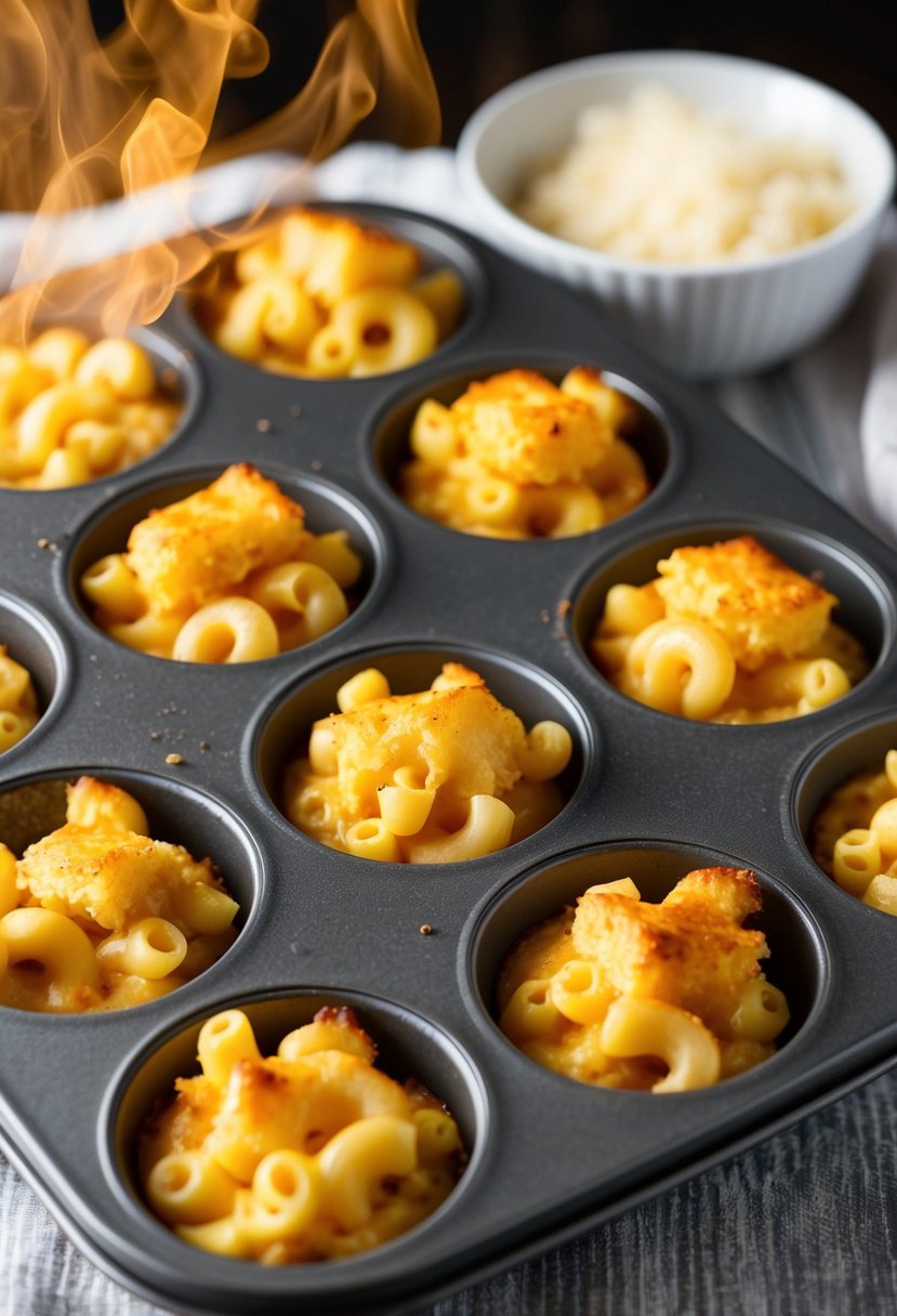 A muffin tin filled with mini mac and cheese cups, golden brown and steaming hot, fresh out of the oven