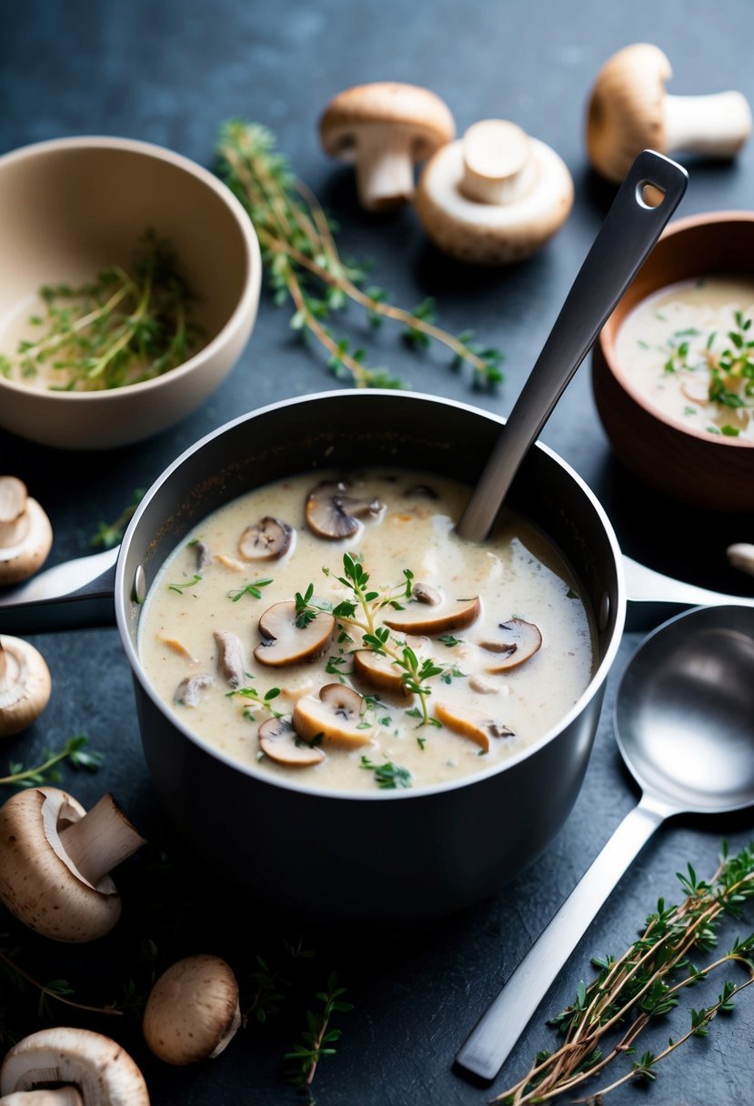 A pot simmering with creamy mushroom soup, surrounded by fresh mushrooms, thyme, and a ladle