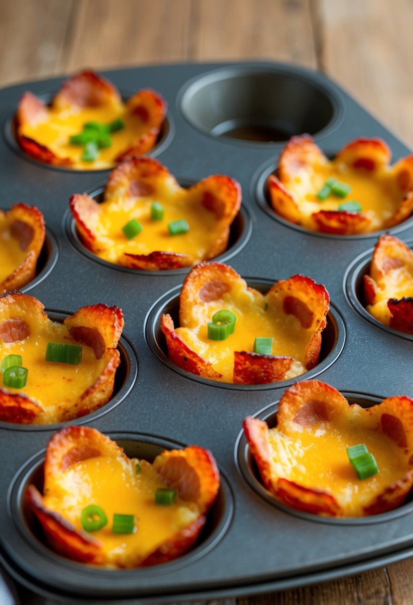 A muffin tin filled with cheesy bacon hash brown cups, fresh from the oven