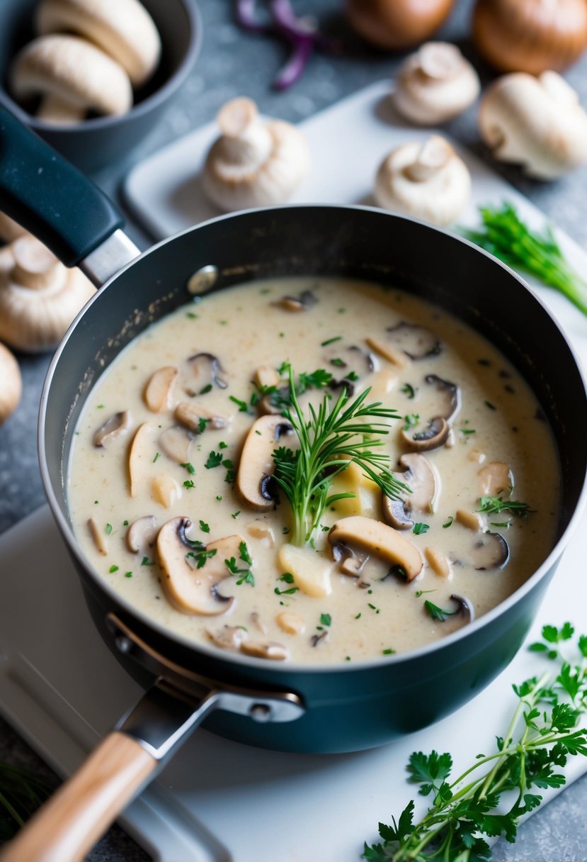 A pot of creamy mushroom soup simmers on a stovetop, surrounded by fresh mushrooms, onions, and herbs