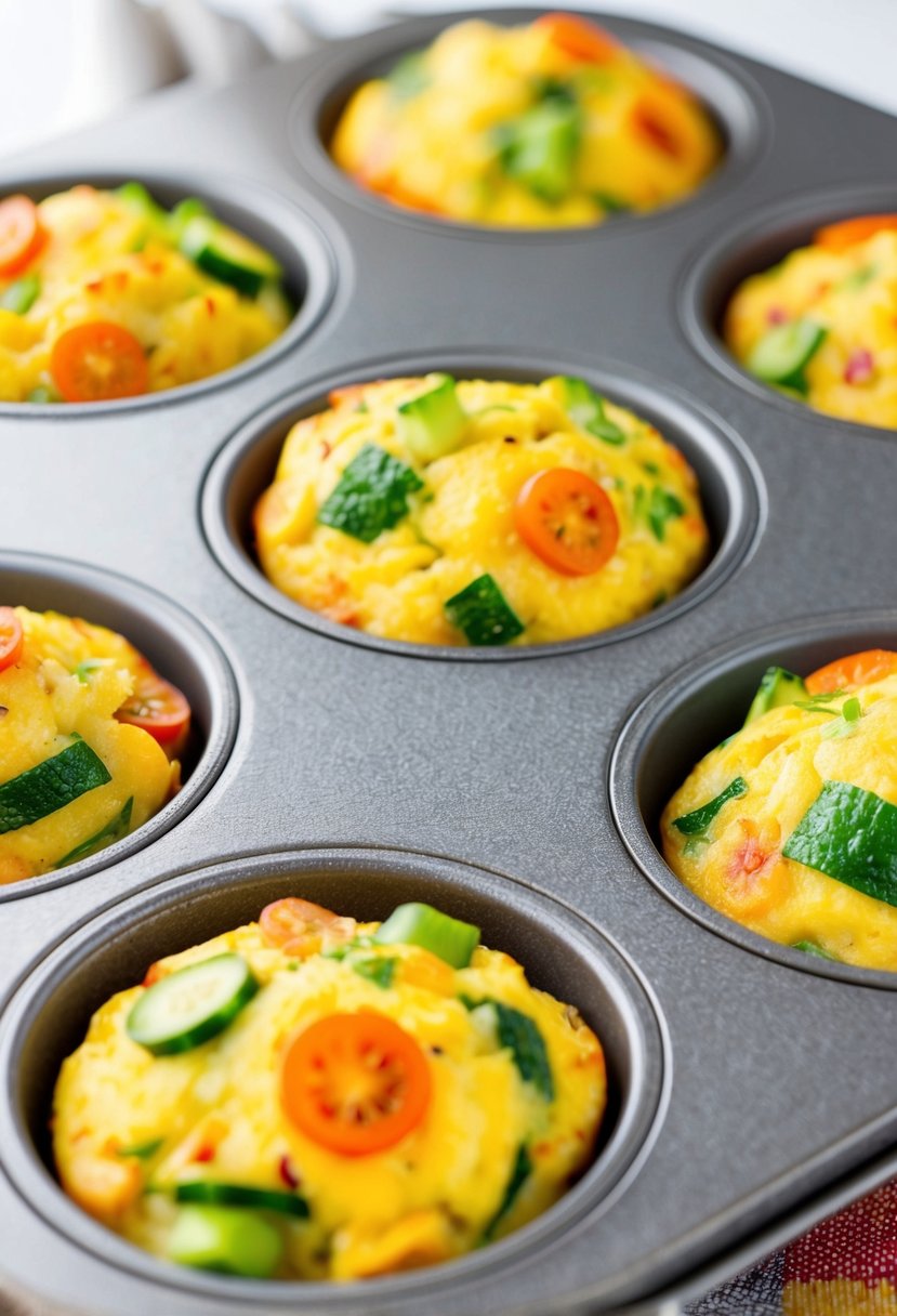 A muffin tin filled with colorful veggie omelette muffins, fresh from the oven