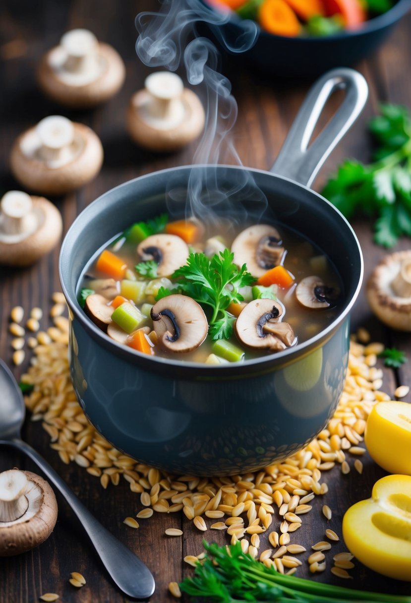 A steaming pot of vegan mushroom and barley soup, surrounded by fresh mushrooms, barley grains, and colorful vegetables on a rustic wooden table