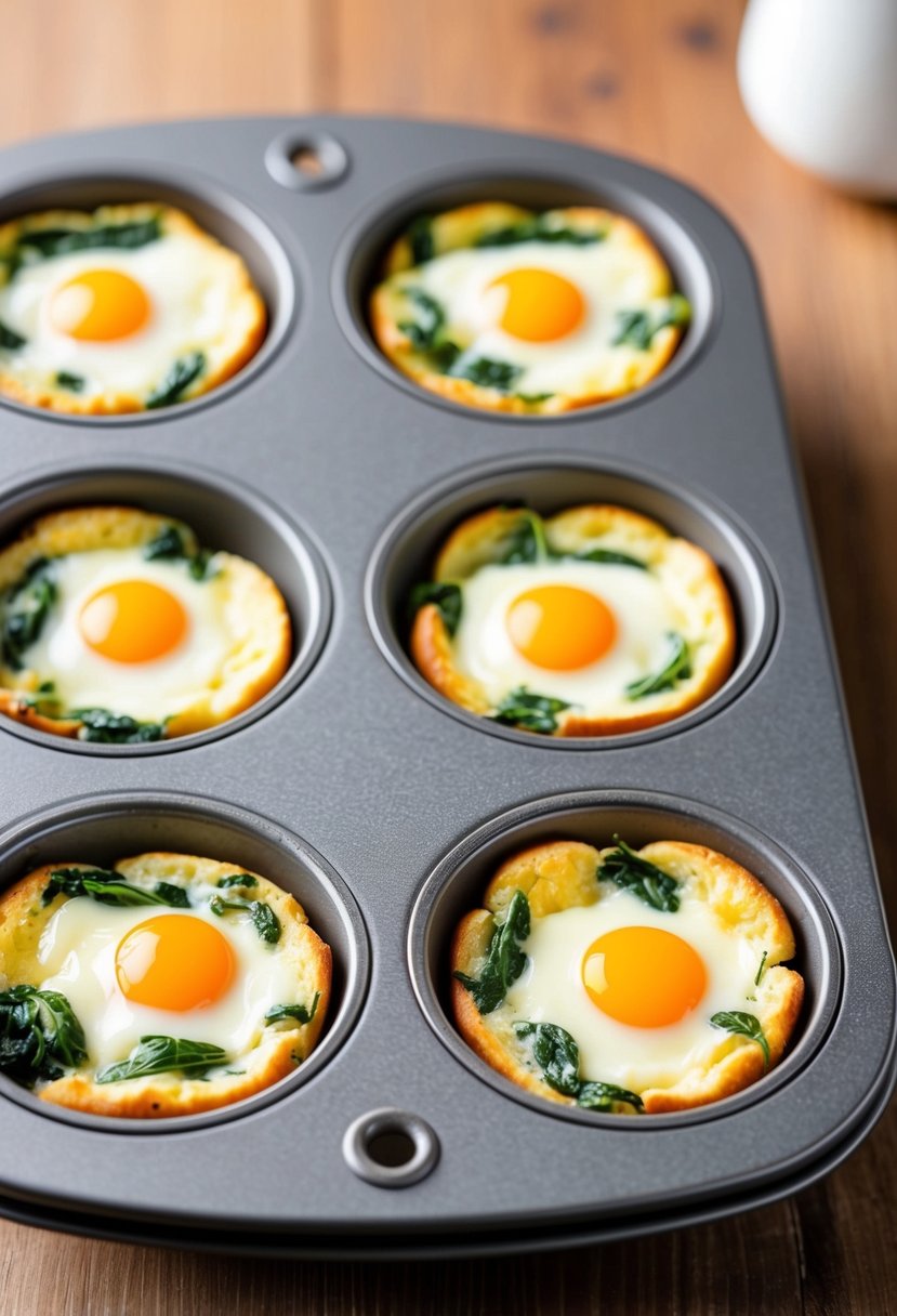 A muffin tin filled with spinach and cheese egg cups, fresh out of the oven