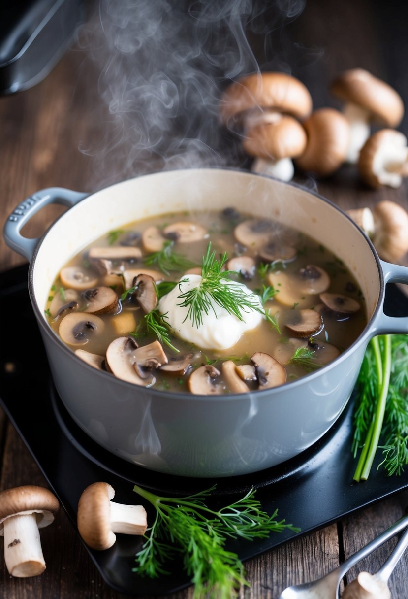 A steaming pot of Hungarian Mushroom Soup simmers on a rustic stove, surrounded by fresh mushrooms, dill, and a dollop of sour cream