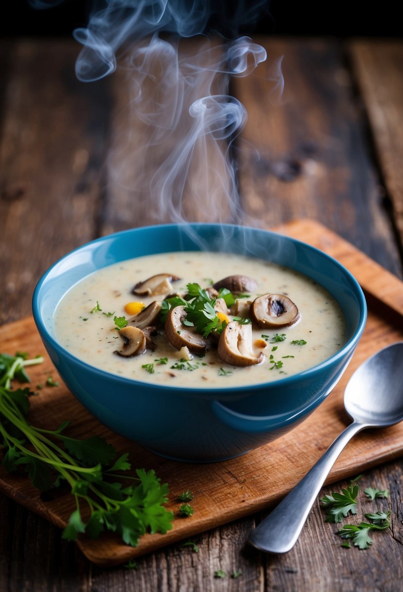 A steaming bowl of creamy roasted mushroom soup sits on a rustic wooden table, garnished with a sprinkle of fresh herbs