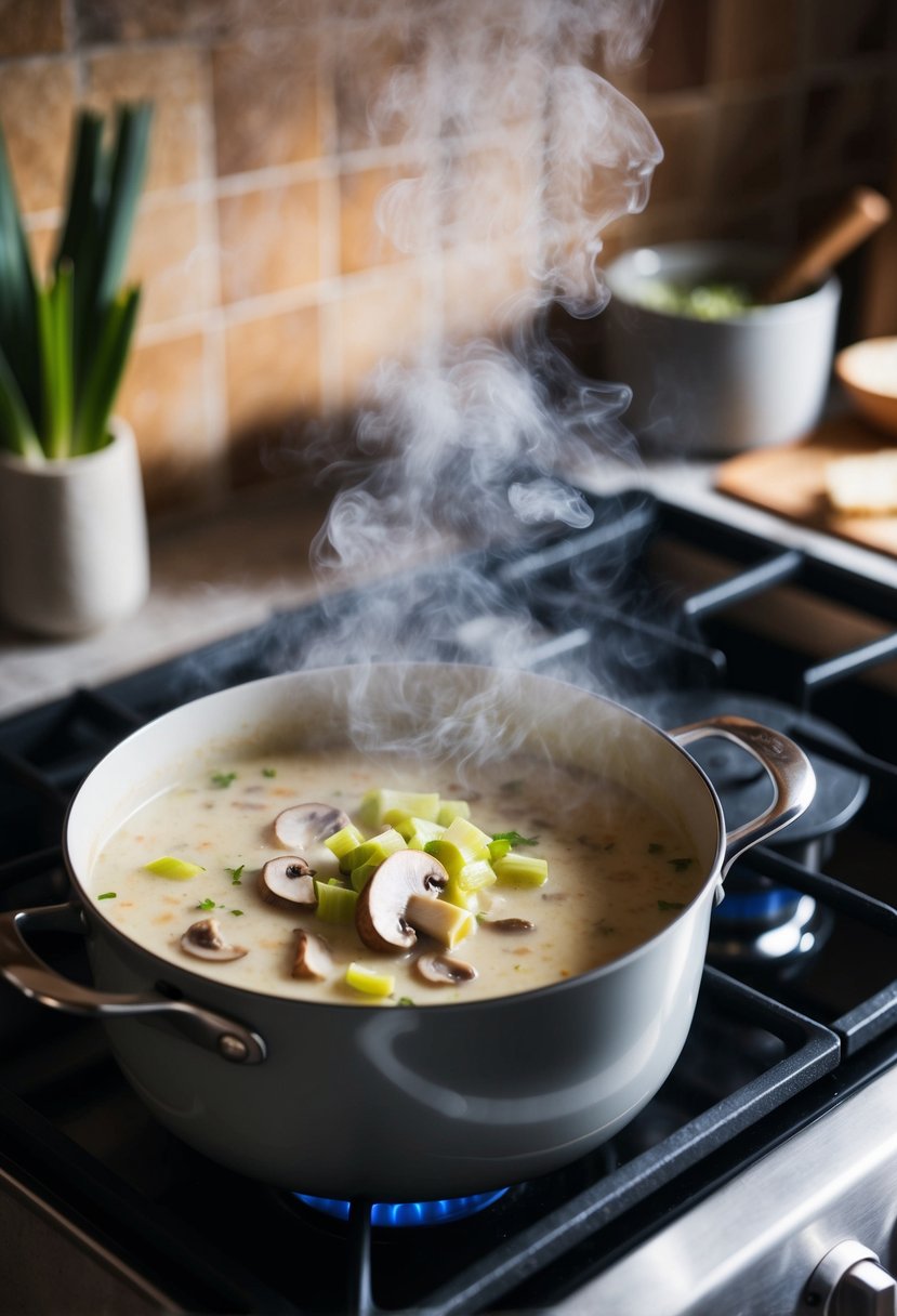 A pot of creamy mushroom and leek soup simmers on a stove, steam rising and the earthy aroma filling the cozy kitchen