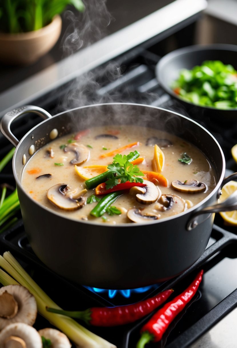 A steaming pot of Spicy Thai Coconut Mushroom Soup simmers on a stove, surrounded by fresh mushrooms, lemongrass, and vibrant red chilies