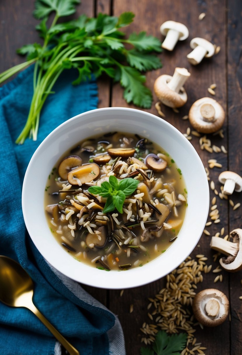 A steaming bowl of mushroom and wild rice soup sits on a rustic wooden table, garnished with fresh herbs and surrounded by scattered mushrooms and rice grains