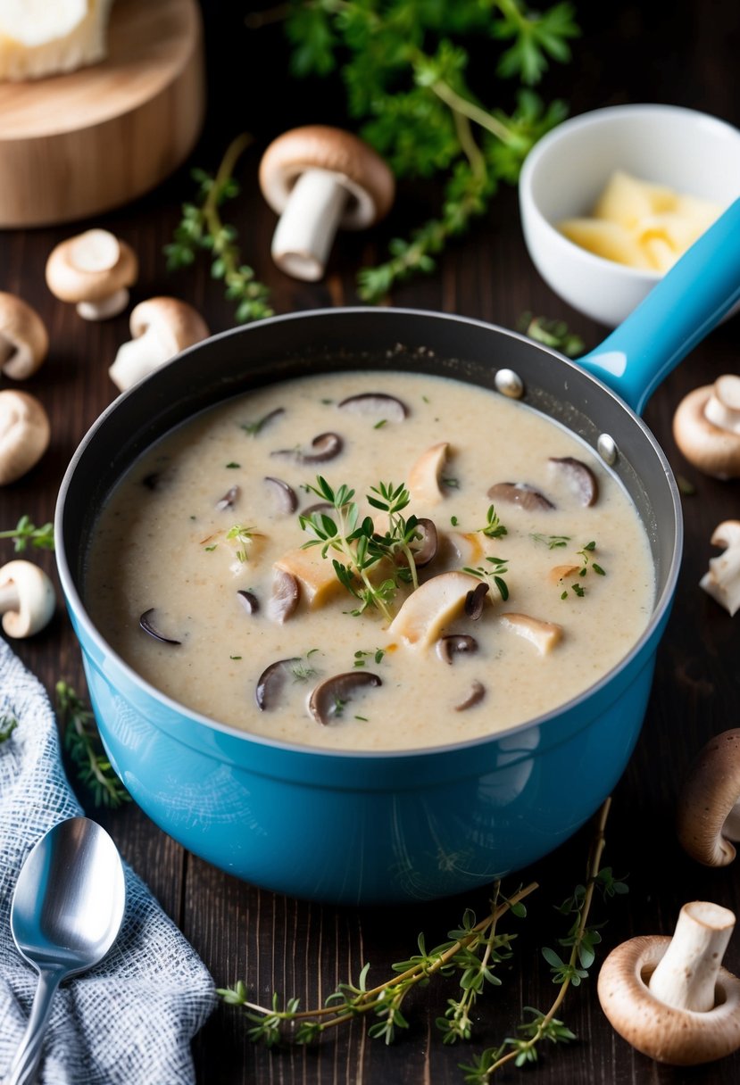 A pot of simmering French Mushroom Bisque surrounded by fresh mushrooms, thyme, and a splash of cream