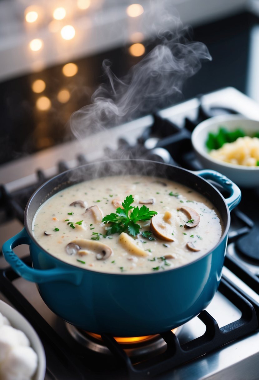 A steaming pot of creamy mushroom soup with fresh garlic and herbs simmering on a stove