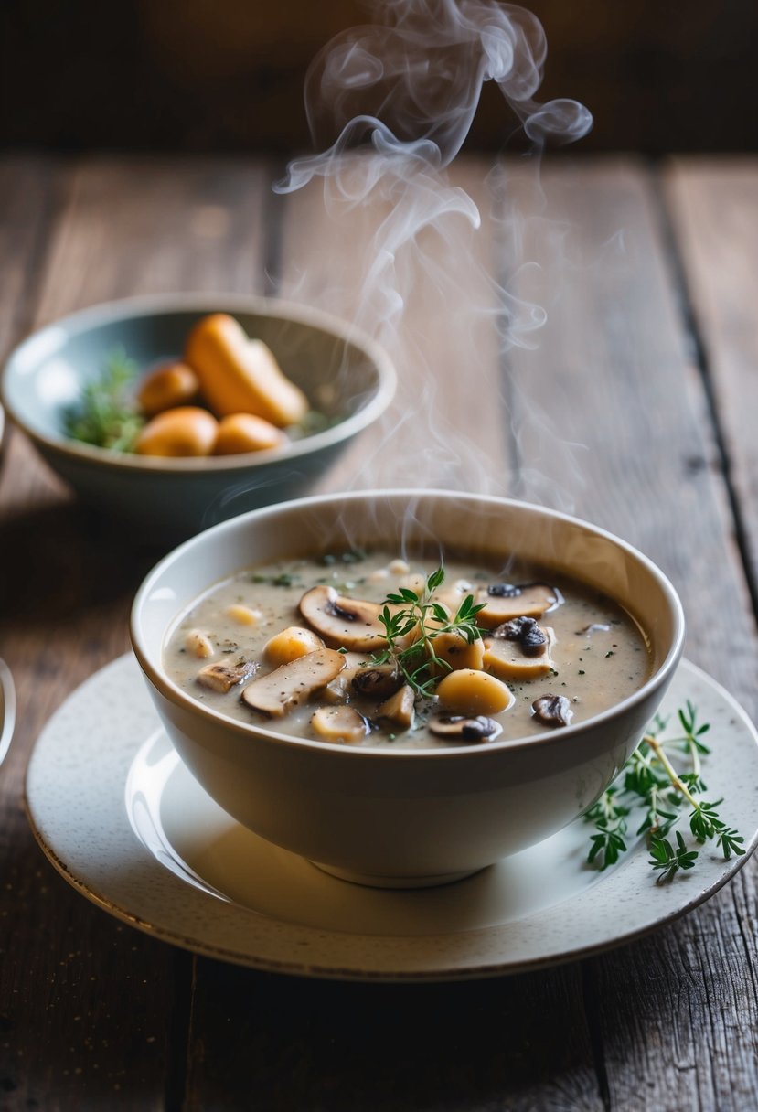 A steaming bowl of mushroom and chestnut soup sits on a rustic wooden table, garnished with a sprig of fresh thyme and a sprinkle of cracked black pepper