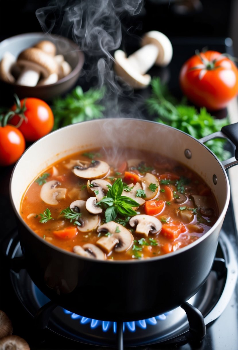 A steaming pot of Italian mushroom and tomato soup simmers on a stove, surrounded by fresh ingredients like mushrooms, tomatoes, and herbs