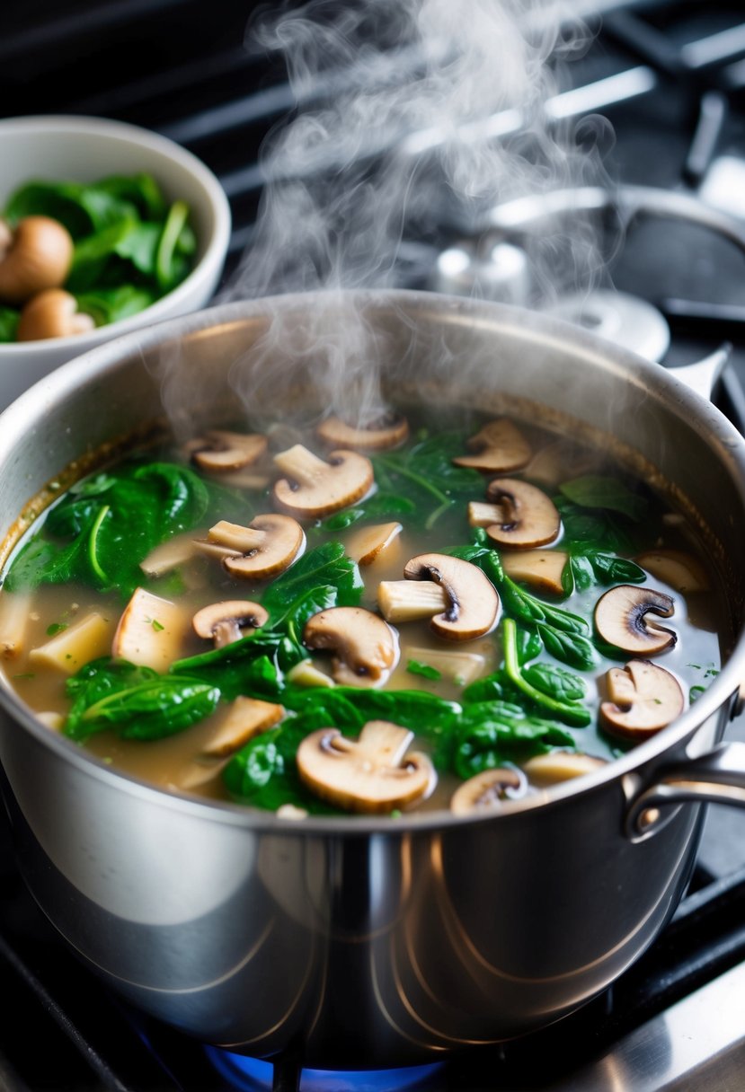 A pot of mushroom and spinach soup simmers on a stove, steam rising from the rich, earthy broth. Chopped mushrooms and vibrant green spinach float in the savory liquid