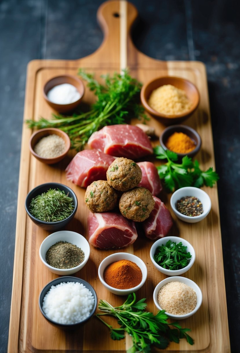 A wooden cutting board with assorted herbs, spices, and raw meat arranged for cooking meatball recipes