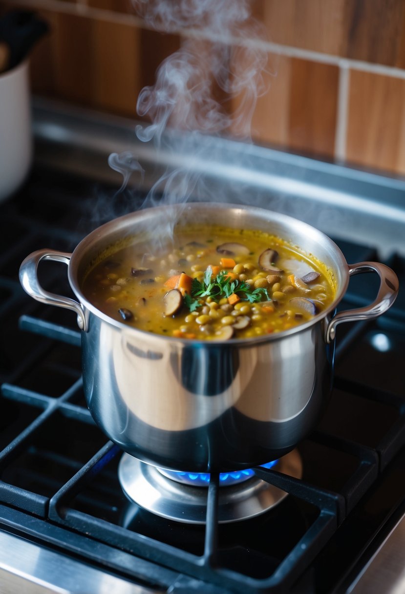 A pot of curried mushroom lentil soup simmers on a stovetop, steam rising and filling the kitchen with its rich aroma