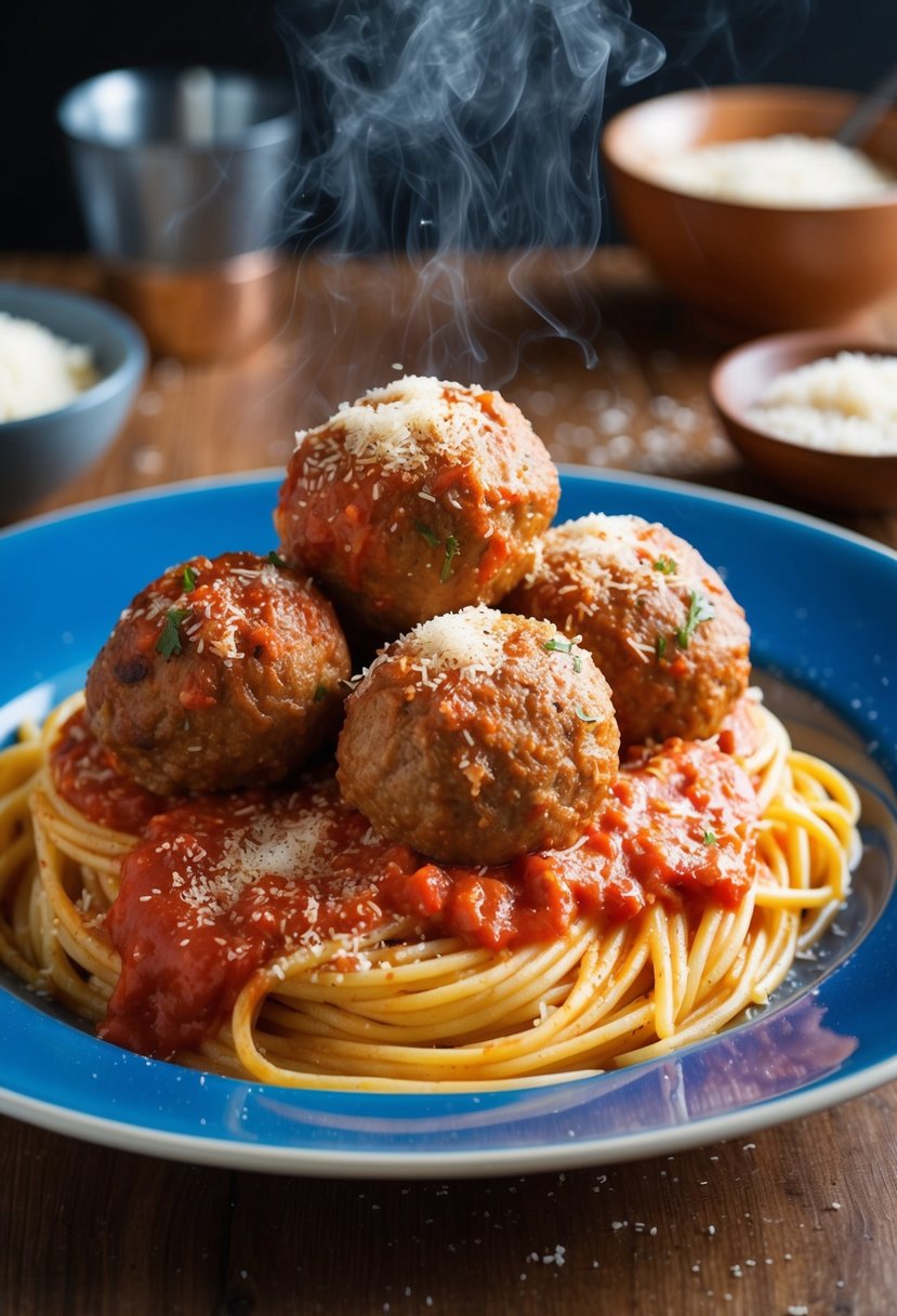 A steaming plate of spaghetti topped with three large meatballs in a rich tomato sauce, sprinkled with freshly grated parmesan cheese