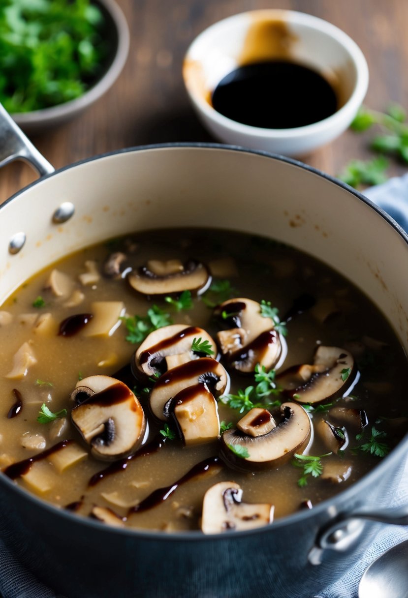 A simmering pot of balsamic mushroom soup with chunks of mushrooms and a drizzle of balsamic glaze on top