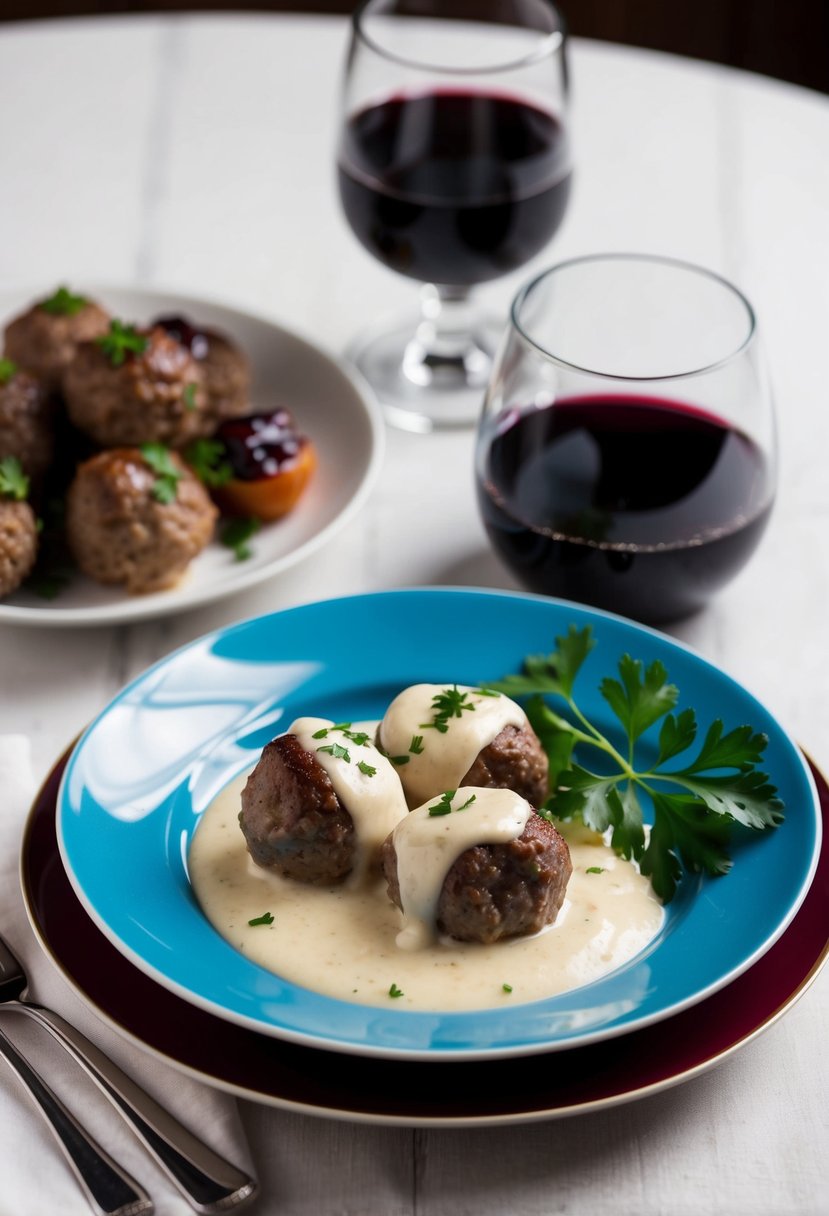 A table set with a plate of Swedish meatballs in cream sauce, garnished with parsley, accompanied by a side of lingonberry jam and a glass of red wine