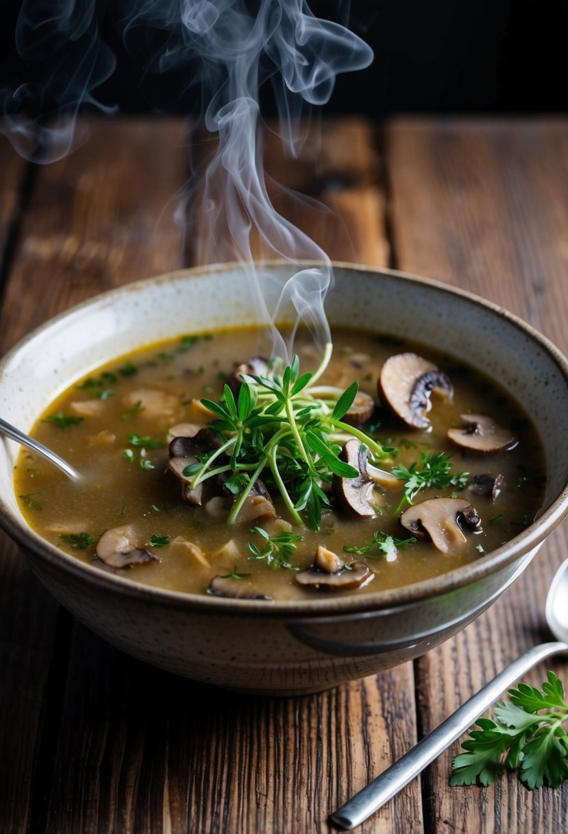 A steaming bowl of truffle mushroom soup garnished with fresh herbs in a rustic ceramic bowl on a wooden table