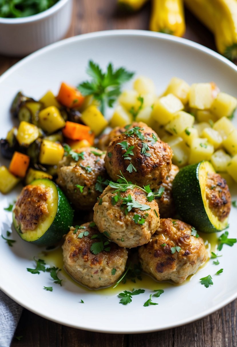 A plate of turkey meatballs with zucchini, garnished with fresh herbs and served with a side of roasted vegetables