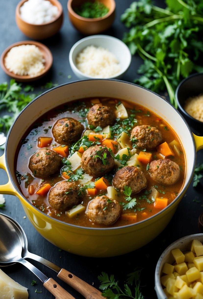 A pot of simmering Italian wedding soup with savory meatballs, surrounded by fresh ingredients and cooking utensils