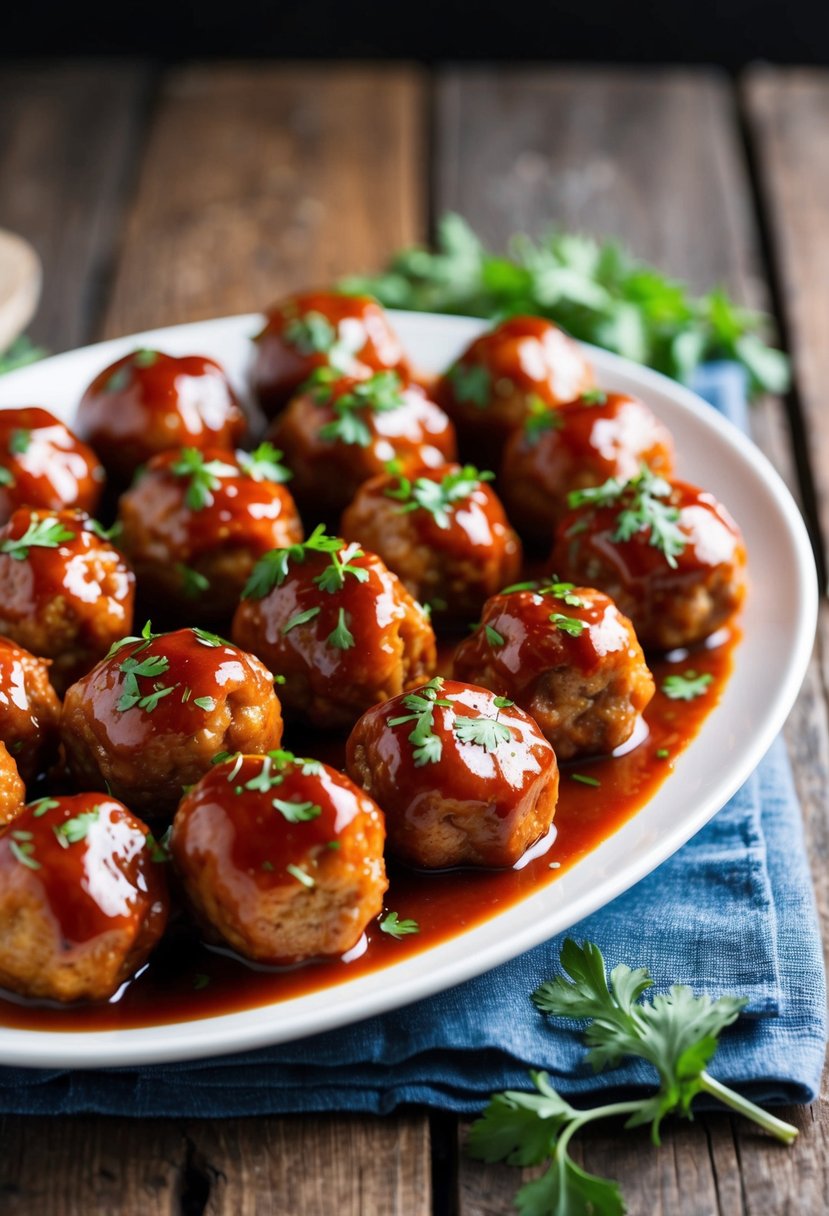 A platter of BBQ glazed meatballs, glistening with sauce and garnished with fresh herbs, sits on a rustic wooden table