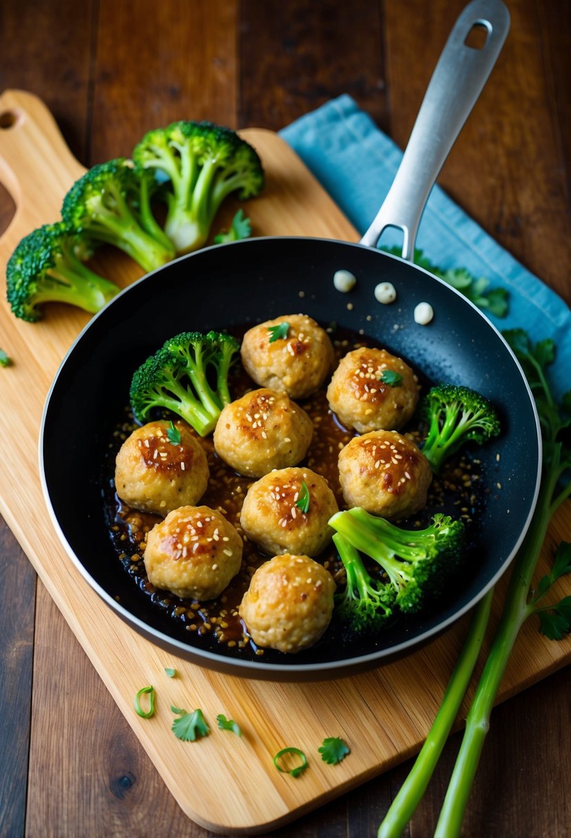 A sizzling pan of ginger meatballs surrounded by vibrant sesame broccoli on a wooden cutting board