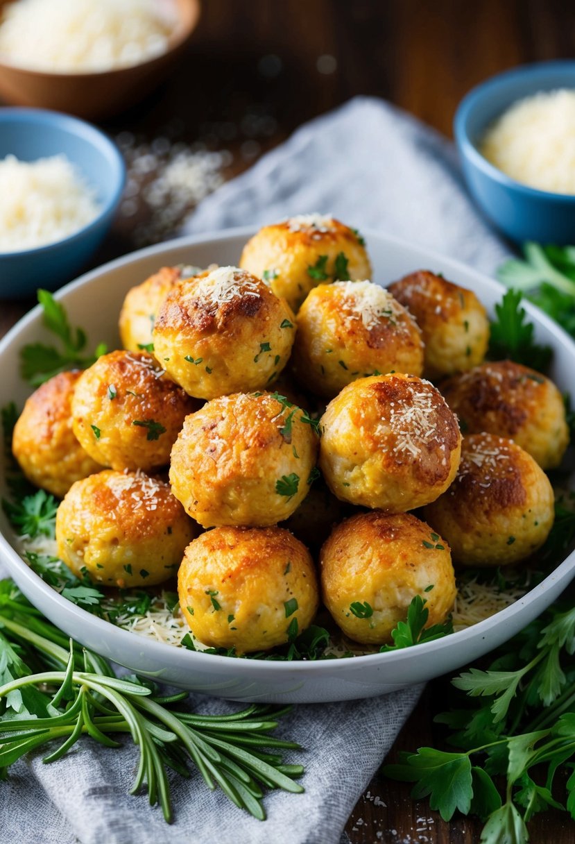 A platter of golden-brown cheese-stuffed meatballs, surrounded by fresh herbs and a sprinkle of parmesan cheese