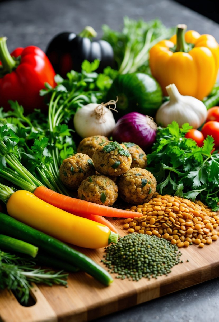 A colorful array of fresh vegetables, lentils, herbs, and spices arranged on a wooden cutting board, ready to be transformed into vegetarian lentil meatballs